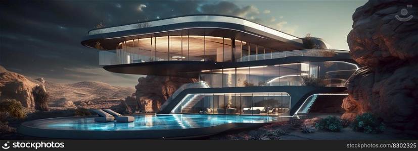 exterior of modern building, futuristic design, panoramic, modern architecture design house building exterior with large spacious windows and a pool, generative ai