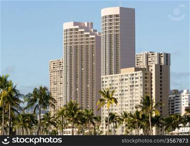 Exterior of modern hotel buildings on sea front of Waikiki Oahu Hawaii