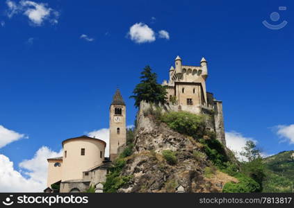 exterior of Saint-Pierre Castle and church in Aosta valley, Italy