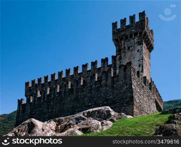 Exterior of Sasso Corbaro, one of the Three Castles of Bellinzona, Ticino, Switzerland.