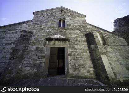 Exterior of the medieval church of Saints Cornelio and Cipriano at Codiponte, Massa e Carrara province, Tuscany, Italy