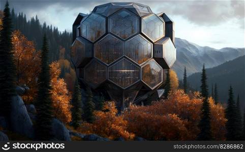 exterior of ultra modern luxury hotel on mountain top. distinct generative AI image.. exterior of ultra modern luxury hotel on mountain top