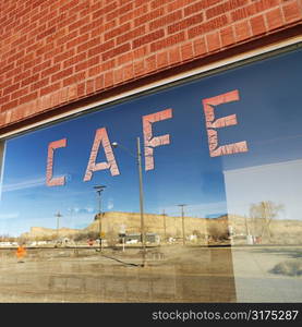 Exterior shot of cafe window.