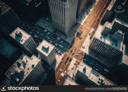 exterior urban landscape of tall buildings and roads at aerial view of busy city street, created with generative ai. exterior urban landscape of tall buildings and roads at aerial view of busy city street