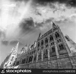 Exterior view of Budapest Parliament on a sunny day, Hungary