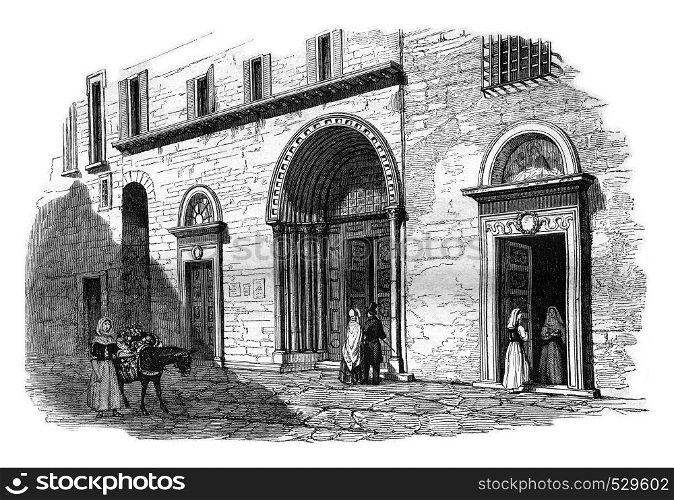 Exterior view of college Currency Exchange in Perugia, vintage engraved illustration. Magasin Pittoresque 1847.