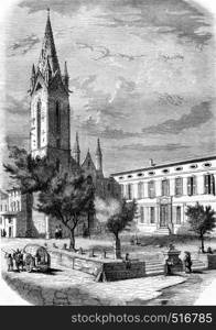 Exterior view of Museum and St John Church, vintage engraved illustration. Magasin Pittoresque 1844.