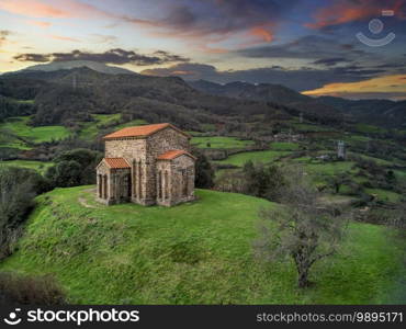 Exterior view of St Christine of Lena church at spring. Santa Cristina de Lena is a Catholic pre-Romanesque church located in Asturias, Spain. 