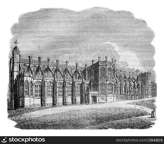 Exterior view of the Chapel of St. George in Windsor, vintage engraved illustration. Colorful History of England, 1837.