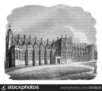 Exterior view of the Chapel of St. George in Windsor, vintage engraved illustration. Colorful History of England, 1837.