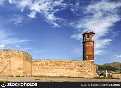 Exterior view of Tray Minaret or Clock tower, Erzurum Castle, Erzurum, Turkey.. Exterior view of Tray Minaret or Clock tower