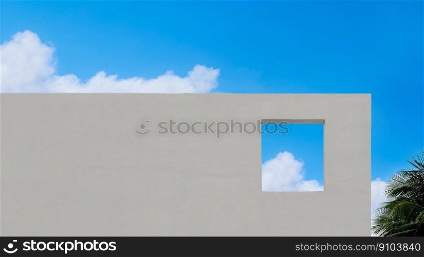 Exterior Wall concrete texture with open window and coconut palm leaf against blue sky and clouds, White paint cement building, Modern architecture with square frame in Spring or Summer sky