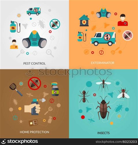 Exterminator Pest Contro 4 Flat Icons. Home pest control services 4 flat icons square composition for detecting exterminating insects and rodents abstract isolated vector illustration