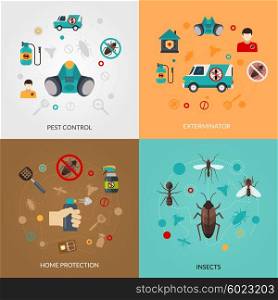 Exterminator Pest Contro 4 Flat Icons. Home pest control services 4 flat icons square composition for detecting exterminating insects and rodents abstract isolated vector illustration