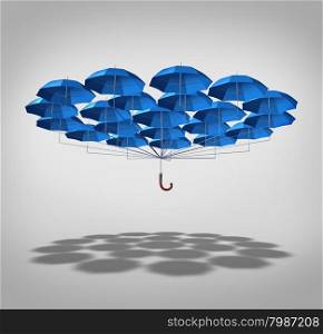 Extra security concept as a wide group of blue umbrellas connected together as one umbrella as a symbol of supplemental full protection.