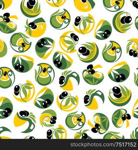 Extra virgin olive oil background with seamless pattern of black olive fruits with green leafy branches and figured jugs of golden oil with drops. Agriculture or vegetarian healthy food theme design usage. Black olive fruits with oil drops seamless pattern