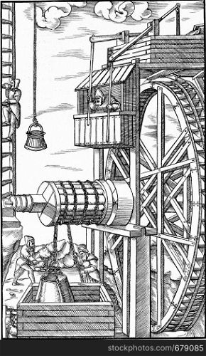Extraction machine driven by hydraulic force in a mine, vintage engraved illustration. From the Universe and Humanity, 1910.