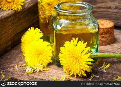 Extraction of flowers dandelions. Bottle of essential oil with flowers dandelions.Healing herbs.Dandelions tinctures