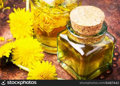 Extraction of flowers dandelions. Bottle of essential oil with flowers dandelions.Healing herbs.Dandelions tinctures