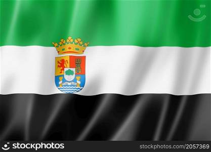 Extramadura province flag, Spain waving banner collection. 3D illustration. Extramadura province flag, Spain