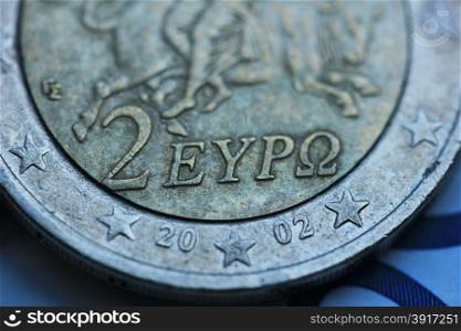 Extreme close up of a Greek two euro coin