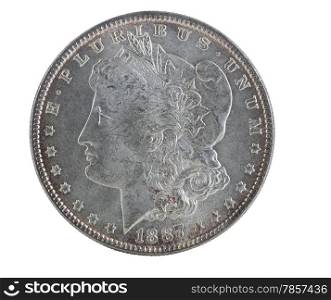 Extreme close up of an American Morgan Silver Dollar, with full rim edge and natural toning, isolated on white