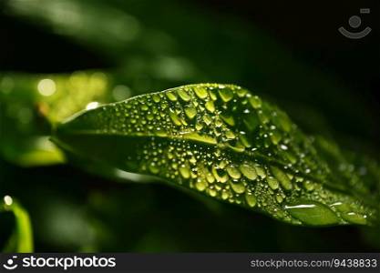 Extreme close up of water drops after rain on tropical green leaf surface background, high angle view, copy space