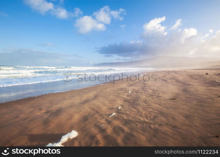 Extreme wide-angle scenic at Pensacola Beach in Florida. Seagulls, breakers, blue skies, emerald waters