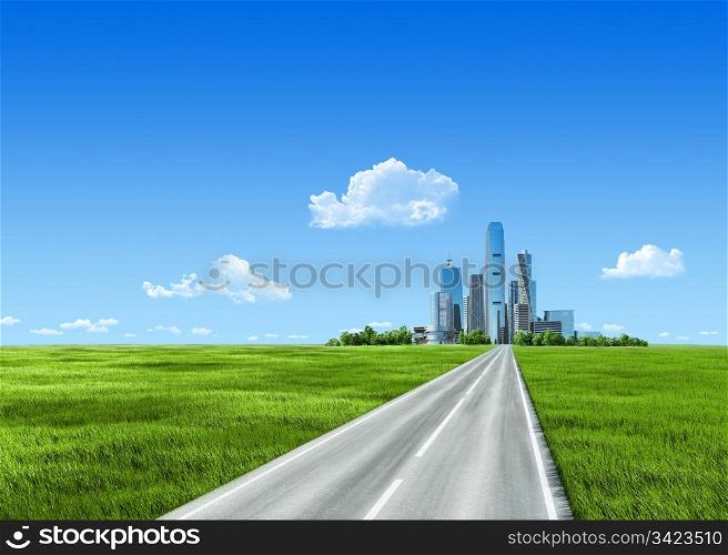 Extremely detailed 7000px grass and city on horizon. Skyscrapers business center not far from countryside with clean green grass. Grass collection.