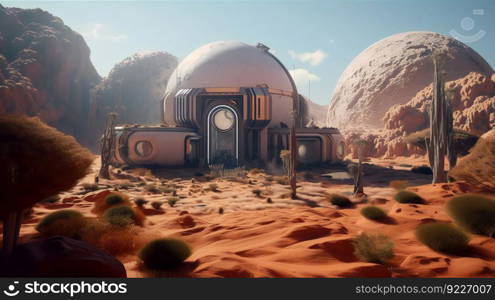 Extremely detailed and realistic high resolution 3d illustration of a colony on mars like planet. Generative ai illustration. . Extremely detailed and realistic high resolution 3d illustration of a colony on mars like planet. Generative ai. 