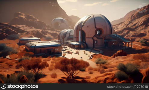 Extremely detailed and realistic high resolution 3d illustration of a colony on mars like planet. Generative ai illustration. . Extremely detailed and realistic high resolution 3d illustration of a colony on mars like planet. Generative ai. 