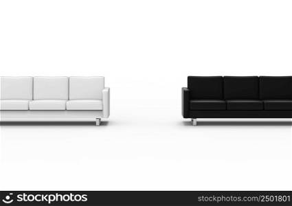 Extremely long black and white sofa isolated on white background. 3d rendering