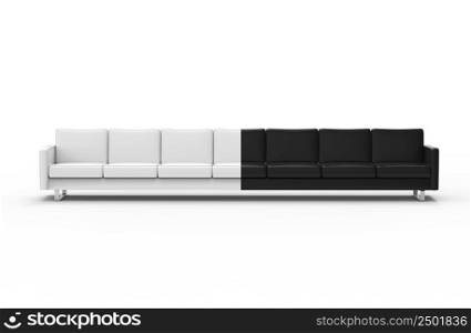 Extremely long black and white sofa isolated on white background. 3d rendering