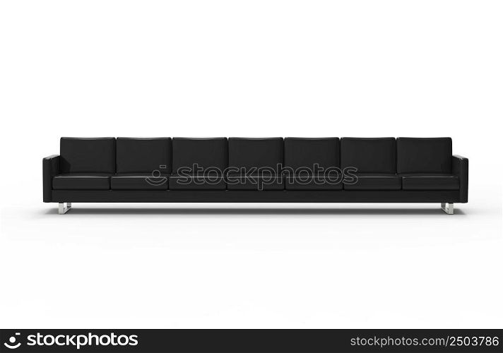 Extremely long black leather sofa isolated on white background. 3d rendering