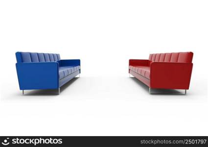 Extremely long red and blue sofa isolated on white background. 3d rendering