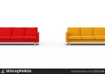 Extremely long red and yellow sofa isolated on white background. 3d rendering