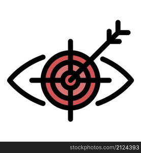 Eye aiming arrow at target icon. Outline eye aiming arrow at target vector icon color flat isolated. Eye aiming arrow at target icon color outline vector