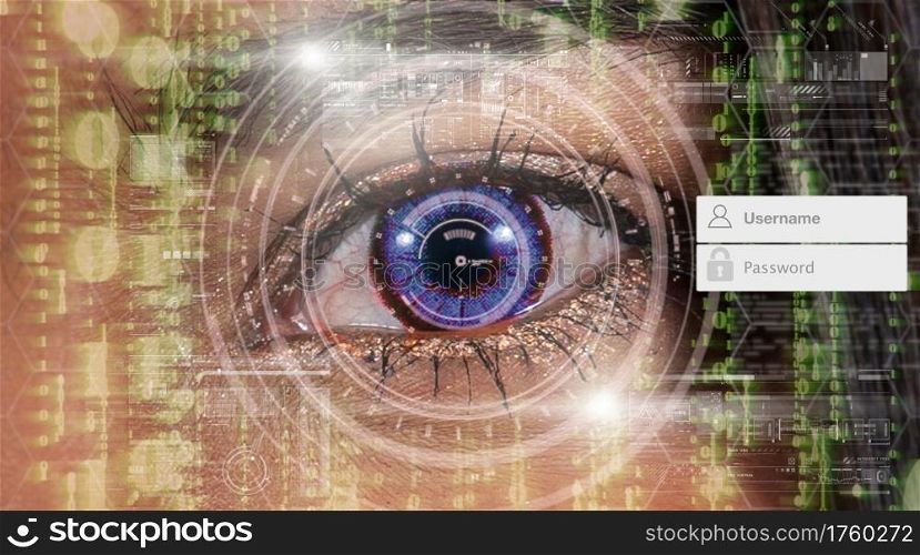 eye authentication with administrator and password over Closeup women eye with futuristic digital technology over the number digic background,security and command in the accesses. surveillance concept