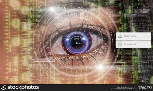 eye authentication with administrator and password over Closeup women eye with futuristic digital technology over the number digic background,security and command in the accesses. surveillance concept