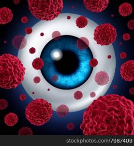 Eye cancer concept or intraocular cancers symbol as a human eyeball with cancerous cells spreading as a health care and medical icon for ocular tumor risk resulting in vision loss and blindness.