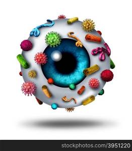 Eye disease opthalmology or optician medical diagnosis concept as a human eye ball covered with bacteria virus and pathogen cells as an opthalmologist symbol.