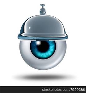 Eye health service concept as a human vision organ with a service bell as a healthcare metaphor and diagnosis symbol for a vision test or eyesight problems help from an apthalmologist or optometrist medical professional services.