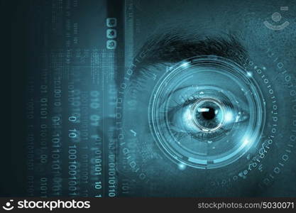 Eye identification. Close up of man&rsquo;s eye scanned for access