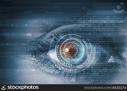 Eye identification. Close up of woman&rsquo;s eye scanned for access