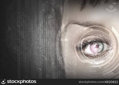 Eye identification. Close up of woman&rsquo;s eye scanned for access