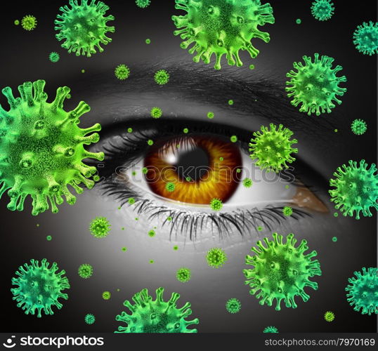 Eye infection as a contagious ocular disease transmitting a virus with human vision spreading dangerous infectious germs and bacteria during cold or flu symptoms.