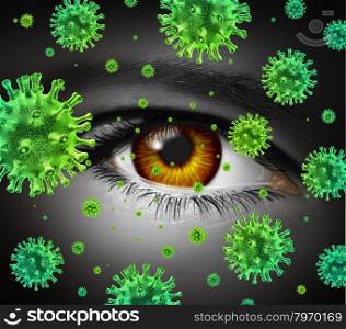 Eye infection as a contagious ocular disease transmitting a virus with human vision spreading dangerous infectious germs and bacteria during cold or flu symptoms.