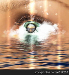 Eye overlooking water scenic. Conceptual illustration of eye overlooking water scenic