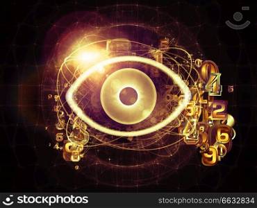 Eye Particle series. Design composed of eye shape, numbers and fractal elements as a metaphor on the subject of spirituality, science and technology