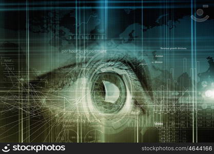 Eye scanning. Close up of human eye on digital technology background